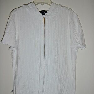 CHAPS WOMEN'S SHORT SLEEVED WHITE CABLE KNIT HOODED 100 % COTTON CARDIGAN SIZE L